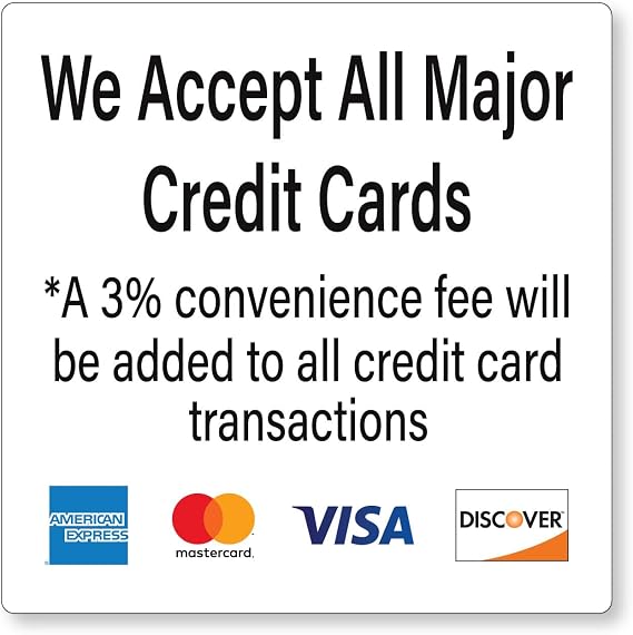 3pk Credit Card Payment Stickers w/ 3% Convenience Notice, Visa Mastercard Amex Discover Logos, Adhesive Back, Laminated, 6"x 6", Business Payment Sticker
