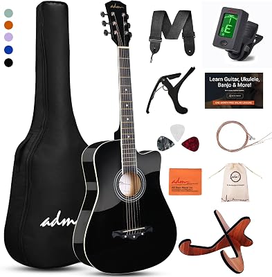 ADM 38 Inch Acoustic Guitar Bundle for Beginners Adults with Online Lesson, Cutaway Wood Acustica Guitarra Starter Set Package with Gig Bag, Strap, Steel Strings, Picks, Capos, Stand, Black 1