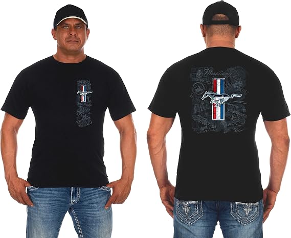 JH DESIGN GROUP Men's Ford Mustang T-Shirt Tri-Bar Pony Distressed Collage Black Shirt
