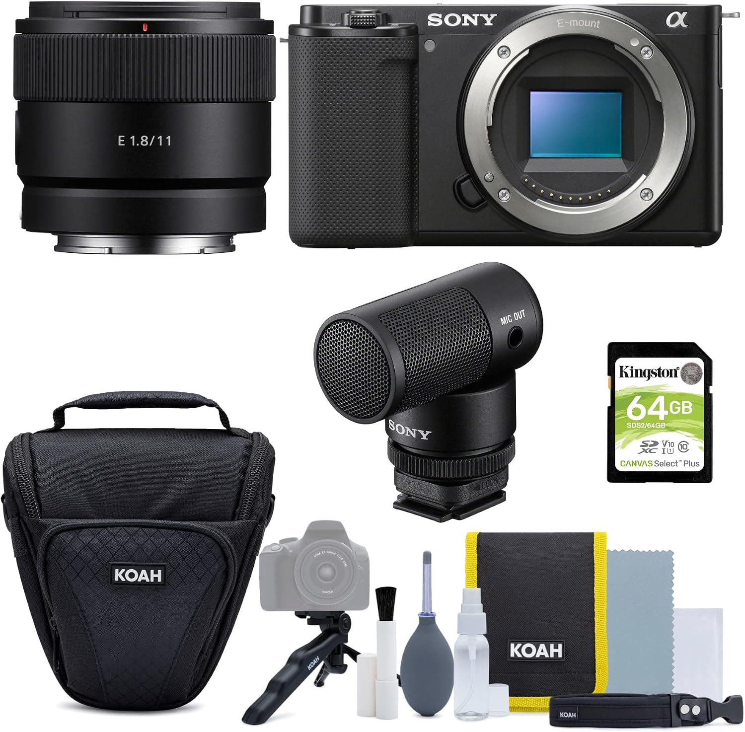 Sony Alpha ZV-E10 APS-C Interchangeable Lens Mirrorless Vlog Camera Black with Sony E 11mm F1.8 APS-C Ultra Wide Angle Prime Lens and Bundle Content Creator Kit 5 Items