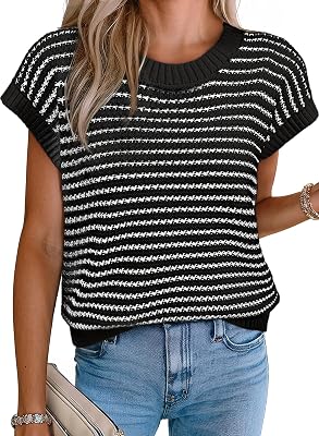 EVALESS Womens Sweater Vest Striped Pullover Tank Top Round Neck Cap Sleeve Lightweight 2026 Summer Casual Clothes